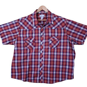 Wrangler Wrancher Men’s Pearl Snap Short Sleeve Shirt XL Red Plaid Western EUC